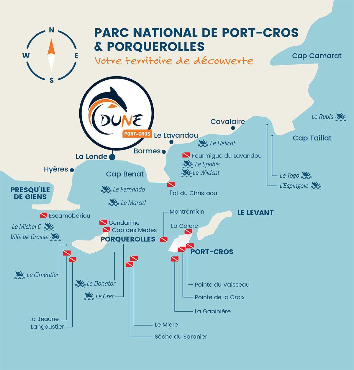 Carte des différents sites de plongée dans le Parc National de Port-Cros et Porquerolles / Dune La Londe